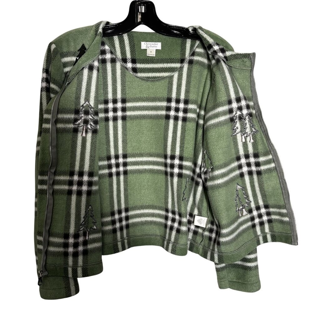 Vintage Green Plaid Fleece Jacket With Tree Embroidery By Christopher & Banks - Picture 7 of 9